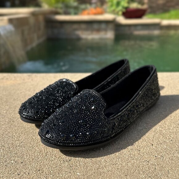 New Black Rhinestone Crystal Pavé Loafers Ballet Flat Ballerina Shoes Round Toe - Picture 1 of 6